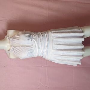 New White Fishnet Insert High Neck Ruched One Piece Swimsuit with Skirt Medium